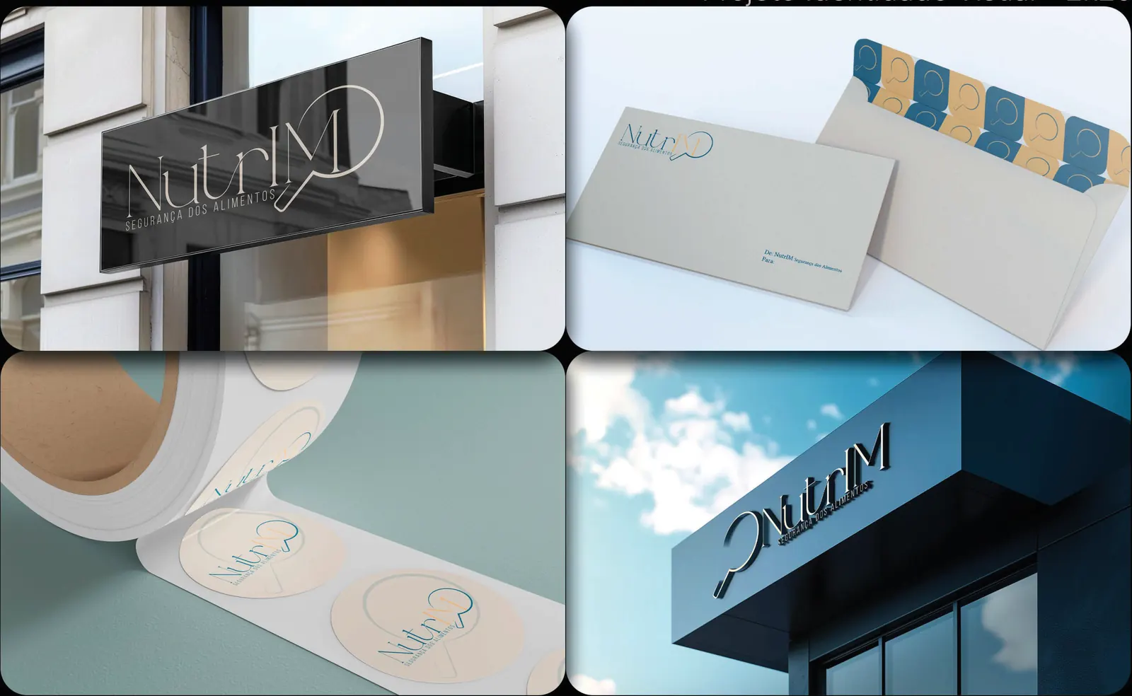 Letreiro, envelopes, adesivos e fachada com a marca da NutrIM