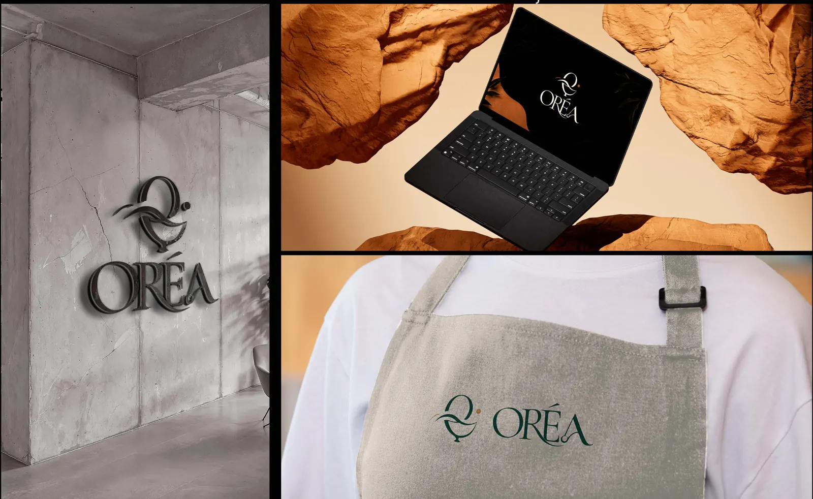 Logo da Oréa em relevo na parede, em um notebook e em um avental
