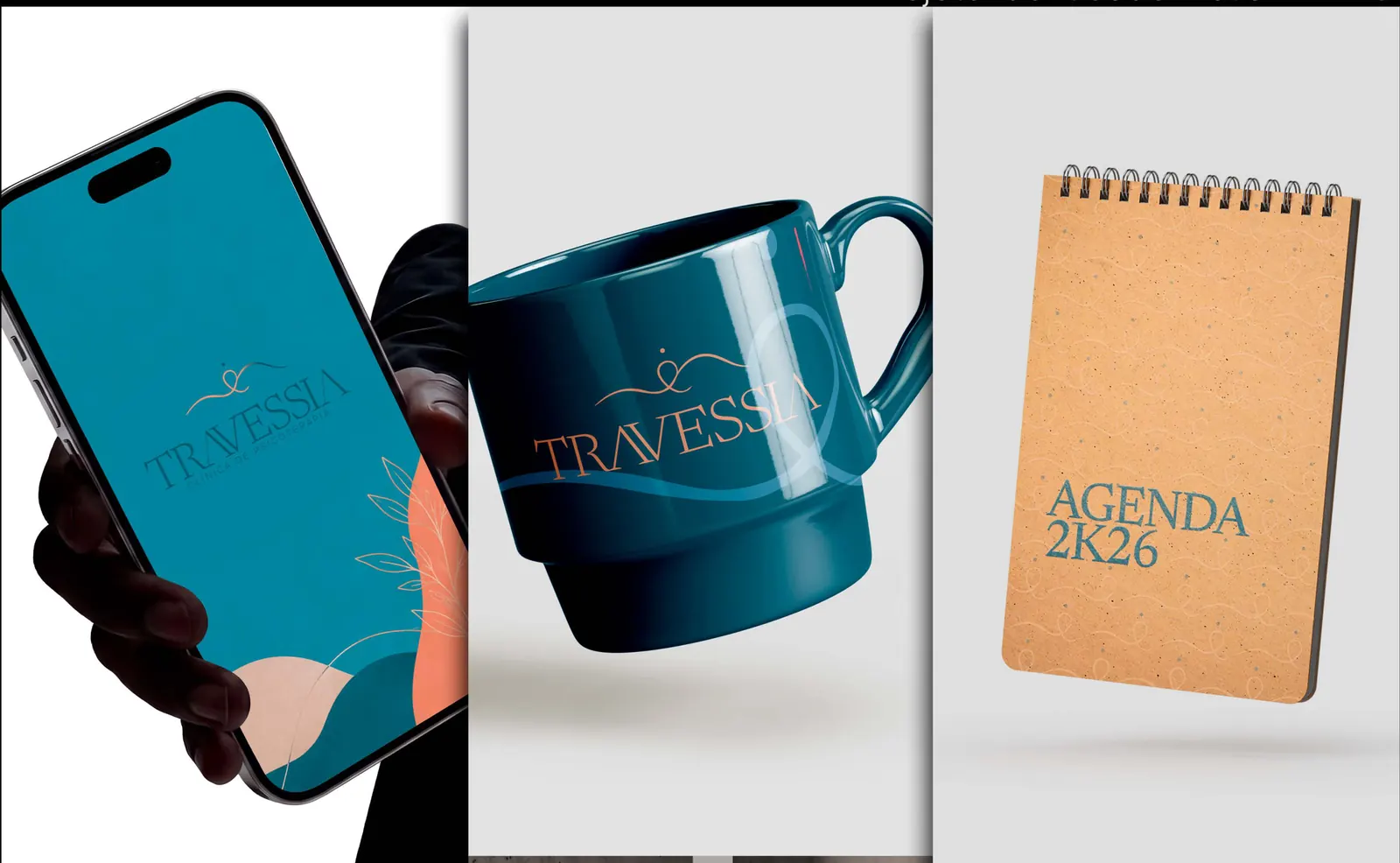 Celular, caneca e caderno com a marca da Travessia